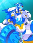  1girl android blue_background blue_eyes boots gloves head_rest helmet highres knees_together_feet_apart leviathan_(rockman) light_smile omeehayo on_shoulder robot rockman rockman_zero simple_background thigh-highs thigh_boots white_gloves yellow_eyes 