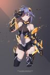  1girl aliceblue arm_strap artist_name bangs black_bodysuit black_gloves blue_eyes bodysuit breasts character_name covered_navel cropped_legs damaged elbow_gloves eyebrows_visible_through_hair floating_hair fu_hua_(honkai_impact) gauntlets gloves hair_between_eyes hair_ornament highres holding holding_mask honkai_impact lightning long_hair looking_at_viewer mask medium_breasts open_mouth power_suit shadow_knight_(honkai_impact) side_cutout sidelocks skindentation sleeveless_bodysuit solo thigh-highs tied_hair 