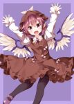  1girl bangs bird_wings brown_dress brown_hat dress feathered_wings frilled_sleeves frills hat highres long_sleeves mary_janes mob_cap mystia_lorelei open_mouth outstretched_arms pink_eyes pink_hair puffy_sleeves ruu_(tksymkw) shoes short_hair smile solo touhou undershirt white_wings winged_hat wings 