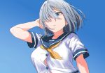  1girl aoi_chizuru blue_background blue_eyes breasts commentary_request gloves gradient gradient_background hair_ornament hair_over_one_eye hairclip hamakaze_(kantai_collection) kantai_collection large_breasts looking_to_the_side neckerchief school_uniform serafuku short_hair short_sleeves silver_hair solo upper_body white_gloves yellow_neckwear 