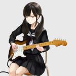  1girl ashiya_hiro black_hair black_sailor_collar black_serafuku black_skirt brown_eyes chair electric_guitar fender_stratocaster grey_background guitar highres holding holding_instrument instrument long_hair miniskirt music original playing_instrument pleated_skirt plectrum sailor_collar school_uniform serafuku simple_background sitting skirt solo twintails white_neckwear 