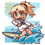  1girl :d bangs blonde_hair blue_bow blue_sailor_collar blue_sky blush bow braid chibi clouds day fate/grand_order fate_(series) green_eyes hair_ornament hair_scrunchie long_hair long_sleeves mordred_(fate)_(all) mordred_(swimsuit_rider)_(fate) naga_u open_mouth parted_bangs ponytail red_scrunchie sailor_collar sailor_shirt scrunchie shirt sidelocks sky smile solo standing sun_(symbol) surfing tan tied_shirt v-shaped_eyebrows water white_shirt 