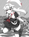  1girl aoi_renji black_ribbon black_serafuku black_skirt hair_flaps hair_ornament hair_ribbon hairclip highres holding kantai_collection long_hair looking_at_viewer messy_hair neckerchief pale_color partially_colored pleated_skirt rain red_eyes red_neckwear remodel_(kantai_collection) ribbon school_uniform serafuku shinkaisei-kan skirt solo yuudachi_(kantai_collection) 