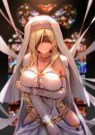  1girl absurdres aduo blindfold blonde_hair breast_hold breasts cape choker cleavage detached_sleeves dress goblin_slayer! highres hip_vent hips jewelry large_breasts long_hair looking_at_viewer necklace sleeveless sleeveless_dress smile solo strapless strapless_dress sword_maiden 