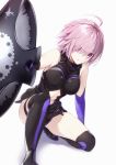 1girl armor bee_doushi commentary_request elbow_gloves fate/grand_order fate_(series) gloves hair_over_one_eye highres mash_kyrielight midriff navel purple_hair shield short_hair solo violet_eyes white_background 