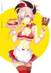  1girl apron bikini blue_eyes breasts character_name cleavage cowboy_shot earrings eating eyebrows_visible_through_hair fate/grand_order fate_(series) food hair_ornament hamburger holding holding_tray jewelry large_breasts looking_at_viewer miyamoto_musashi_(fate/grand_order) navel nishimura_eri pink_hair ponytail red_bikini red_scarf scarf shish_kebab skindentation smile solo star stomach swimsuit thigh-highs tray waist_apron 