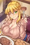  1girl :t ahoge artoria_pendragon_(all) artoria_pendragon_(lancer) bangs bread breasts brown_sweater closed_mouth collarbone commentary_request eating fate/grand_order fate_(series) fingernails food fork from_above hair_between_eyes hands_up head_tilt highres holding holding_fork large_breasts lips long_hair long_sleeves looking_at_viewer meat one_eye_closed plate ribbed_sweater shirokuma_a sitting sketch smile solo sweat sweater 