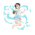  1girl :d animal_print barefoot black_eyes black_hair blue_towel collarbone fish_hair_ornament fish_print full_body hair_ornament kirigaya_suguha looking_at_viewer naked_towel open_mouth print_towel short_hair simple_background smile solo sword_art_online sword_art_online:_code_register towel white_background 