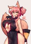  1girl animal_ears bare_shoulders black_gloves breasts china_dress chinese_clothes cosplay curvy dress fate/grand_order fate_(series) fox_ears fox_tail glasses gloves highres koyanskaya koyanskaya_(cosplay) large_breasts long_hair looking_at_viewer osiimi pink_background pink_hair raised_eyebrows signature simple_background solo tail tamamo_(fate)_(all) tamamo_no_mae_(fate) thighs wide_hips 