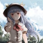  1girl adjusting_hair black_headwear blue_hair blurry blurry_background blush center_frills collared_shirt commentary_request dated day dress_shirt eyebrows_visible_through_hair food frills fruit grin hand_up hat hinanawi_tenshi kagikake long_hair looking_at_viewer neck_ribbon outdoors peach plant puffy_short_sleeves puffy_sleeves red_eyes red_neckwear red_ribbon ribbon shirt short_sleeves smile solo touhou twitter_username upper_body white_shirt wind wing_collar 