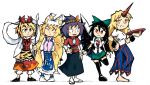  :d animal_ears barefoot black_hair black_legwear blonde_hair blue_skirt boots bow character_request closed_eyes closed_mouth cup dress fox_ears fox_tail green_bow green_skirt hair_bow hand_on_hip hands_in_opposite_sleeves hat holding holding_weapon horn long_sleeves multiple_tails open_mouth pigeon-toed pillow_hat polearm purple_hair red_eyes red_shirt red_skirt red_vest sakazuki sandals sanpaku setz shirt simple_background skirt smile spear standing standing_on_one_leg tabard tail thigh-highs touhou vest weapon white_background white_dress white_legwear white_shirt wings yakumo_ran yellow_eyes 