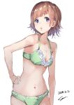  1girl 2018 blue_eyes bra breasts brown_hair cleavage collarbone dated green_bra green_panties hand_on_hip looking_at_viewer medium_breasts navel open_mouth original panties shiny shiny_hair short_hair signature simple_background sketch solo sone_(takahiro-osone) underwear underwear_only white_background 