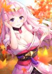  1girl autumn_leaves bare_shoulders blue_eyes breasts choker cleavage hand_in_hair himeji_(oshiro_project) japanese_clothes kimono large_breasts long_hair looking_at_viewer off_shoulder oshiro_project oshiro_project_re pensuke pink_hair pink_kimono solo tiara upper_body 