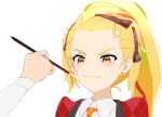  applying_makeup argyle blonde_hair collar earrings facial_scar hair_ornament hairclip holding_brush jewelry long_hair makeup_brush multicolored_hair nikaidou_saki pettan ponytail scar smile streaked_hair stud_earrings v-shaped_eyebrows zombie_land_saga 