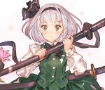  1girl :o black_hairband cherry_blossoms green_eyes hairband holding holding_sheath konpaku_youmu long_sleeves looking_at_viewer makai_no_juumin sheath sheathed shiny shiny_hair shirt short_hair silver_hair simple_background skirt solo touhou upper_body white_background white_shirt 