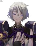  1boy androgynous blue_eyes fate/grand_order fate_(series) fucodoku gao_changgong_(fate) grey_hair male_focus silver_hair simple_background smile solo violet_eyes white_background 