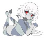  1girl blue_eyes commentary feet_up hair_between_eyes hair_ribbon highres konno_junko long_hair looking_at_viewer low_twintails lying nude on_stomach red_eyes ribbon slugbox solo stitches twintails white_background white_hair zombie zombie_land_saga 