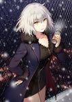  1girl ahoge bangs black_dress blue_coat blurry blurry_background breasts breathing can chain-link_fence city_lights coat collarbone commentary_request dress eyebrows_visible_through_hair fate/grand_order fate_(series) fence fur-trimmed_coat fur_trim hand_on_hip holding holding_can ice_(ice_aptx) jeanne_d&#039;arc_(alter)_(fate) jeanne_d&#039;arc_(fate)_(all) large_breasts looking_at_viewer open_mouth outdoors rooftop short_hair silver_hair smile snow snowing solo tsurime yellow_eyes 
