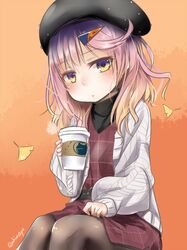  1girl akino_shuu belt beret black_legwear blush closed_mouth coffee dress eyebrows_visible_through_hair gradient gradient_background gradient_hair hair_ornament hairclip hat kantai_collection long_sleeves looking_at_viewer multicolored_hair orange_hair pantyhose purple_hair short_hair sidelocks sitting solo tsushima_(kantai_collection) violet_eyes 