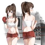  1girl black_bow blue_eyes blush bow boxing_gloves breasts brown_hair cleavage collarbone cowboy_shot gloves hair_between_eyes hair_bow high_ponytail highres kkumon long_hair medium_breasts navel original red_gloves red_shorts sarashi short_shorts shorts sidelocks standing 