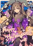  bangs black_hair bow breasts closed_mouth crown dated dress earrings english fate/grand_order fate_(series) hair_bow halloween halloween_costume hand_up happy_halloween highres ishtar_(fate/grand_order) jack-o&#039;-lantern jewelry long_hair long_sleeves looking_at_viewer medium_breasts necklace orange_eyes parted_bangs pumpkin purple_dress red_bow rioka_(southern_blue_sky) scythe skull skull_earrings smile standing twitter_username two_side_up very_long_hair 