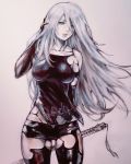  1girl adjusting_hair android armlet bare_shoulders black_gloves black_shorts blue_eyes breasts elbow_gloves facing_viewer gloves highres holding holding_sword holding_weapon large_breasts legs long_hair mole mole_under_mouth nier_(series) nier_automata nvalkyrja pink_lips robot_joints short_shorts shorts silver_hair standing sword tank_top traditional_media weapon yorha_type_a_no._2 