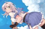  1girl ahoge all_fours antenna_hair artist_logo black_legwear blue_sailor_collar blue_skirt blue_sky clouds commentary_request cowboy_shot dated day green_eyes grey_hair hair_tie kantai_collection kinugasa_(kantai_collection) nakagomiyuki415 neckerchief necktie outdoors pleated_skirt remodel_(kantai_collection) sailor_collar school_uniform serafuku side_ponytail skirt sky solo thigh-highs yellow_neckwear 