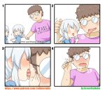  1boy 2girls :d absurdres blue_shirt blush brown_hair comic commentary_request cotton_swab ear_licking english glasses greenteaneko hand_holding highres holding licking low_twintails multiple_girls nose_blush numbered_panels opaque_glasses open_mouth original patreon_username personification pink_shirt saliva shirt short_sleeves silver_hair smile sweat torogao twintails twitter_username watermark web_address white_background |_| 
