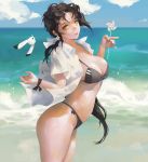  1girl beach bikini black_bikini black_hair black_ribbon blue_sky breasts brown_eyes clouds commentary cowboy_shot day g-tz highres horizon looking_at_viewer low_ponytail medium_breasts ocean original outdoors pinwheel ponytail ribbon side-tie_bikini sky solo swimsuit tied_hair tongue waves wavy_hair wrist_ribbon 