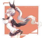  1girl ass bangs bare_shoulders black_jacket black_ribbon black_skirt blush breasts brown_eyes character_name closed_mouth commentary eyebrows_visible_through_hair five-seven_(girls_frontline) girls_frontline grey_hair hair_between_eyes hair_ornament hair_ribbon high_ponytail jacket large_breasts leaning_forward long_hair melings_(aot2846) miniskirt off_shoulder panties pleated_skirt ponytail ribbon shirt skirt smile solo standing underwear very_long_hair white_panties white_shirt 