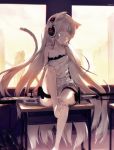  1girl ai_arctic_warfare animal_ear_fluff animal_ears awp_(girls_frontline) bag bare_arms bare_shoulders barefoot big_hair blue_eyes bolt_action cat_ears cat_girl cat_tail closed_mouth collarbone colored_eyelashes commentary_request day desk dress dyolf foot_out_of_frame girls_frontline glowing glowing_eyes gun head_tilt headphones highres indoors leg_up long_hair no_shoes original rifle school_bag school_desk scope signature silver_hair sitting sniper_rifle soles solo strap_slip sunlight tail tail_raised toes very_long_hair weapon white_dress window 