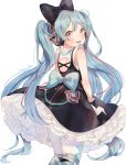  1girl argyle argyle_legwear arms_at_sides bare_arms bare_back bare_shoulders black_dress black_ribbon blue_eyes blue_hair blue_ribbon blush dress eyebrows_visible_through_hair frilled_dress frills gloves hair_ribbon hanako151 happy hatsune_miku headphones long_hair looking_at_viewer looking_back magical_mirai_(vocaloid) pantyhose ribbon simple_background smile solo standing twintails upper_body upper_teeth very_long_hair vocaloid white_background white_gloves white_legwear 