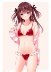  1girl bangs bikini black_bow blush bow brown_background brown_hair closed_mouth commentary_request eyebrows_visible_through_hair hair_between_eyes hair_bow hand_up head_tilt jacket long_hair long_sleeves looking_at_viewer off_shoulder open_clothes open_jacket original red_bikini sakura_hiyori sleeves_past_wrists solo standing striped_jacket swimsuit twitter_username two-tone_background two_side_up violet_eyes white_background 