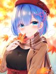  1girl alternate_costume autumn_leaves bangs blue_eyes blue_hair blush breasts closed_mouth commentary_request eyebrows_visible_through_hair hair_between_eyes hair_ornament hair_over_one_eye hair_ribbon hat highres holding holding_leaf jacket leaf looking_at_viewer medium_breasts nya_rl pink_ribbon re:zero_kara_hajimeru_isekai_seikatsu rem_(re:zero) ribbon scarf short_hair smile solo standing x_hair_ornament 