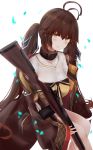  1girl absurdres antenna_hair bangs battle_rifle black_ribbon blurry blurry_background blush brown_eyes brown_hair brown_jacket collared_shirt commentary_request depth_of_field eyebrows_visible_through_hair girls_frontline gun hair_between_eyes hair_ribbon head_tilt highres holding holding_gun holding_weapon jacket long_hair long_sleeves looking_at_viewer m14 m14_(girls_frontline) object_namesake off_shoulder parted_lips petals ribbon rifle ru_zhai shirt sitting sleeves_past_wrists solo twintails very_long_hair weapon white_background white_shirt wide_sleeves 