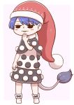  1girl @_@ ankle_boots blue_bow blue_hair boots bow capelet covering_mouth doremy_sweet eyebrows_visible_through_hair full_body hand_over_own_mouth hat jitome pink_background poronegi red_hat santa_hat short_hair simple_background skirt smug solo standing tail tapir_tail touhou white_footwear 