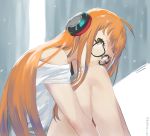  1girl black-framed_eyewear brown_eyes glasses head_tilt headphones long_hair looking_at_viewer mn orange_hair persona persona_5 sakura_futaba shirt short_sleeves sitting solo very_long_hair white_shirt 