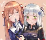  2girls alternate_hairstyle artist_request assault_rifle brown_hair closed_mouth girls_frontline gloves green_eyes gun hair_ribbon heckler_&amp;_koch highres hk416 m1903_springfield_(girls_frontline) military military_uniform multiple_girls ribbon rifle silver_hair smile twintails uniform weapon 