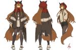 1girl animal_ears arms_at_sides black_legwear boots brown_eyes brown_hair facing_away hair_between_eyes hand_on_hip hat jewelry lansane long_hair long_sleeves looking_at_viewer monster_girl multiple_views necklace original red_hat red_scarf ribbed_sweater scarf shorts signature simple_background sketch smile standing suspender_shorts suspenders sweater tail tsana_(lansane) very_long_hair wolf_ears wolf_tail 