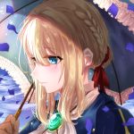  1girl bangs blonde_hair blue_eyes blue_jacket blush bouquetforangel braid brooch brown_gloves close-up closed_mouth commentary_request face falling_petals gloves hair_between_eyes hair_bun hair_intakes hair_ribbon highres holding holding_umbrella jacket jewelry necklace parasol petals red_ribbon ribbon sidelocks umbrella violet_evergarden violet_evergarden_(character) white_neckwear 