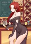  1girl alcohol bangs bar bare_shoulders black_dress black_gloves bottle breasts casual chalkboard choker cleavage closed_mouth collarbone covered_navel cup dress drinking_glass earrings elbow_gloves eyebrows_visible_through_hair gloves hair_over_shoulder highres holding holding_cup honkai_impact indoors jewelry large_breasts leaning_forward liu_lan long_hair looking_at_viewer murata_himeko necklace off-shoulder_dress off_shoulder parted_bangs pelvic_curtain redhead side_slit sidelocks smile solo stool yellow_eyes 