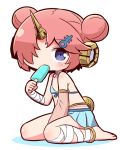  1girl anklet asymmetrical_sleeves bandage bandaged_arm bandaged_leg bandages bangs bare_shoulders barefoot between_legs bikini_top blue_bikini_top blue_eyes blue_skirt blush brown_sleeves chibi collarbone commentary_request covered_mouth detached_sleeves double_bun eyebrows_visible_through_hair fate/grand_order fate_(series) food frankenstein&#039;s_monster_(fate) frankenstein&#039;s_monster_(swimsuit_saber)_(fate) full_body hair_ornament hair_over_one_eye hand_between_legs holding holding_food horn jewelry looking_at_viewer naga_u pleated_skirt popsicle shadow side_bun single_detached_sleeve sitting skirt solo wariza white_background 