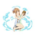  1girl asuna_(sao) barefoot blue_bow blue_towel bow breasts brown_eyes brown_hair cleavage collarbone hair_bow holding long_hair looking_back medium_breasts naked_towel official_art print_towel short_ponytail sidelocks simple_background sitting solo sword_art_online sword_art_online:_code_register tied_hair towel white_background 