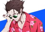  1boy black_hair commentary_request floral_print hawaiian_shirt kaiki_deishuu looking_at_viewer monogatari_(series) ntend parted_lips pink_shirt shirt short_hair solo sunglasses violet_eyes 