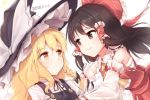  2girls ascot bangs bare_shoulders black_bow black_hair black_hat black_ribbon black_vest blonde_hair blush bow braid brown_eyes commentary_request dated detached_sleeves eye_contact eyebrows_visible_through_hair frilled_ascot frilled_bow frilled_shirt_collar frills hair_bow hair_tubes hakurei_reimu hat hat_bow kirisame_marisa korean_commentary long_hair long_sleeves looking_at_another minust multiple_girls neck_ribbon red_bow red_skirt ribbon ribbon_trim sarashi shide shirt sidelocks simple_background single_braid skirt skirt_set touhou upper_body vest white_background white_bow white_shirt witch_hat yellow_eyes yellow_neckwear 