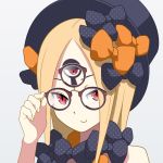  1girl abigail_williams_(fate/grand_order) blonde_hair bow commentary fate/grand_order fate_(series) glasses hand_on_eyewear hat long_hair orange_bow panasonynet polka_dot polka_dot_bow red_eyes simple_background solo third_eye 