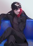  1boy :d amamiya_ren black_coat black_hair black_pants couch gloves grey_background hair_between_eyes legs_crossed looking_at_viewer male_focus mask mask_on_head mn open_mouth pants persona persona_5 red_eyes red_gloves shiny shiny_hair sitting smile solo 