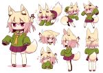  1girl :o all_fours anger_vein animal_ear_fluff animal_ears arms_up bangs bell bell_collar blonde_hair blush brown_collar chestnut_mouth closed_eyes collar commentary_request covered_mouth ears_down eighth_note eyebrows_visible_through_hair facing_away flying_sweatdrops fox_ears fox_girl fox_tail green_shirt hair_between_eyes hair_bun hair_ornament hands_up jingle_bell kemomimi-chan_(naga_u) leaning_forward long_hair long_sleeves looking_at_viewer multiple_views musical_note naga_u open_mouth orange_neckwear original parted_lips pleated_skirt profile purple_skirt red_eyes red_footwear ribbon-trimmed_legwear ribbon_trim sailor_collar shirt sidelocks skirt sleeves_past_fingers sleeves_past_wrists sparkle standing tail thigh-highs v-shaped_eyebrows wavy_mouth white_legwear white_sailor_collar 