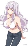  1girl arms_behind_back bangs bare_shoulders bikini_top black_jeans blunt_bangs breasts cleavage collarbone cowboy_shot eyebrows_visible_through_hair hair_intakes hairband idolmaster idolmaster_(classic) idolmaster_million_live! kichihachi large_breasts long_hair navel shijou_takane silver_hair smile solo twitter_username violet_eyes white_background 