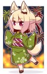  1girl aerial_fireworks alternate_costume animal_ear_fluff animal_ears bangs bell bell_collar black_footwear blonde_hair blush brown_collar closed_mouth collar commentary_request eyebrows_visible_through_hair fireworks floral_print fox_ears fox_girl fox_tail full_body green_kimono hair_between_eyes hair_bun hair_ornament hands_up japanese_clothes jewelry kemomimi-chan_(naga_u) kimono long_hair long_sleeves looking_at_viewer naga_u obi original print_kimono red_eyes sash sidelocks sleeves_past_fingers sleeves_past_wrists solo standing standing_on_one_leg tail wide_sleeves 